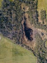 Top down aerial view with early spring meadows and river Royalty Free Stock Photo