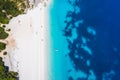 top down aerial view of Fteri Beach on the Greek island of Kefalonia, Ionian Sea Greece. Turquoise colored water and Royalty Free Stock Photo