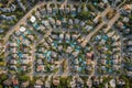 Top Down Aerial View of Houses and Streets in Beautiful Residential Neighbourhood During Summer, Montreal, Quebec, Canada Royalty Free Stock Photo