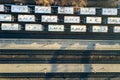 Top down aerial view of many cargo train cars on railway tracks Royalty Free Stock Photo