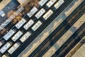 Top down aerial view of many cargo train cars on railway tracks Royalty Free Stock Photo