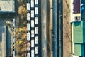 Top down aerial view of many cargo train cars on railway tracks Royalty Free Stock Photo
