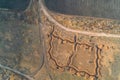 Platoon defensive strongpoint with complex trench network in Eastern Ukraine field aerial view showing military Royalty Free Stock Photo