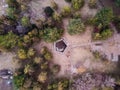 Top down aerial view of a small park with some interesting patterns and some trees around it, Mihail Kogalniceanu, Ialomita,