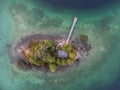 Top down aerial view on tropical island with small cabin and jetty in lake Eibsee, Germany