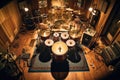 top-down angle of a custom drum set in a studio