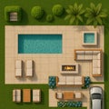 Top-Down Backyard Design Featuring Luxury Pool, Jacuzzi, Outdoor Sofa Set, Fire Pit Lounge and Lush Greenery Royalty Free Stock Photo