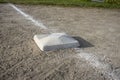 Top down, close up view of a base on a clean baseball field on a bright, sunny day Royalty Free Stock Photo