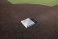 Top down, close up view of a base on a clean baseball field on a bright, sunny day Royalty Free Stock Photo