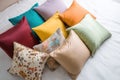 Top View Bed with Colorful Pillows on White Background Royalty Free Stock Photo