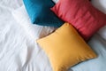 Top View Bed with Colorful Pillows on White Background Royalty Free Stock Photo