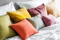 Top View Bed with Colorful Pillows on White Background Royalty Free Stock Photo