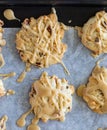 Top down close up view of maple pecan cookies drizzled with maple icing, fresh out of the oven.