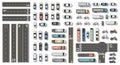 Top-down 2D vector illustration set of cars, trucks, buses, vans, bicycles, scooters, motorcycles in multiple sizes and angles Royalty Free Stock Photo