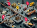 Top-down digital illustration of an industrial complex, featuring pipelines, storage tanks, processing equipment, trucks Royalty Free Stock Photo