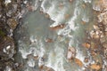 Top-down drone view of rapids of mountain river with wet boulders and pebble shore. Beautiful and powerful azure river stream with