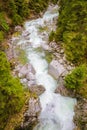 Top-down drone view of rapids of mountain river with wet boulders and pebble shore