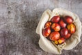 Top down flat lay view on easter eggs painted and decorated on marble background with copy space