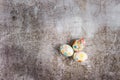 Top down flat lay view on easter eggs painted and decorated on marble background with copy space