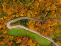 TOP DOWN: Flying above a switchback road crossing the autumn colored forest Royalty Free Stock Photo