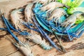 Top down fresh tiger prawns in a plate with ice on a wooden textured background shrimps or prawn raw on wooden board with vegetabl Royalty Free Stock Photo