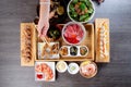 top down Japanese platter, sushi rolls, nigiri, rice bowl Royalty Free Stock Photo