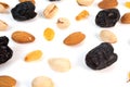 A top-down macro shot shows a variety of nuts and dried fruit scattered on a white background Royalty Free Stock Photo