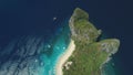 Top down ocean island aerial view. Tropical forest with trees on mount of Palawan isle, Philippines. Royalty Free Stock Photo