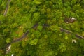 Top down overhead aerial view of a car driving on the asphalt road through lush green jungle Car on the road passing Royalty Free Stock Photo