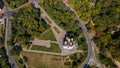 Top-down photo of ancient european Chernihiv town with church, trees and buildings near highway