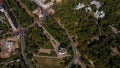 Top-down photo of ancient european Chernihiv town with church, trees and buildings near roads