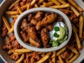 top down photo of carne asada fries and buffalo chicklen wings Royalty Free Stock Photo