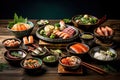 A top-down photo of diverse Japanese cuisine. Generative AI