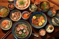 A top-down photo of diverse Japanese cuisine. Generative AI