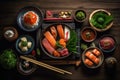 A top-down photo of diverse Japanese cuisine. Generative AI