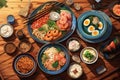 A top-down photo of diverse Japanese cuisine. Generative AI