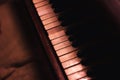 A top down portrait of the white and black keys of a beautifful old wooden piano. Some of the keys are worn out or have fallen off Royalty Free Stock Photo