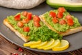 top down of sandwiches with latin american sauce guacamole avocado, diced tomatoes and toast decorated alligator pear