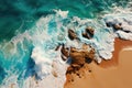 Top down seashore, beach with rocks and wave