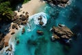 Top down seashore with palm trees, beach with rocks