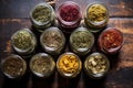 top down shot of an assortment of dried herbal tea in jars Royalty Free Stock Photo