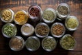 top down shot of an assortment of dried herbal tea in jars