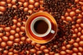 A top-down shot of an espresso cup on a saucer, surrounded by coffee beans arranged in a pattern. Generative AI Royalty Free Stock Photo