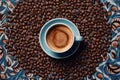 A top-down shot of an espresso cup on a saucer, surrounded by coffee beans arranged in a pattern. Generative AI Royalty Free Stock Photo