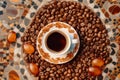 A top-down shot of an espresso cup on a saucer, surrounded by coffee beans arranged in a pattern. Generative AI Royalty Free Stock Photo