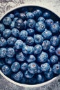 Top down shot of fresh and tasty blueberries in bowl