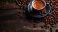Top-down shot of hot coffee cup surrounded with roasted brown coffee beans on the wooden table top.generative ai Royalty Free Stock Photo