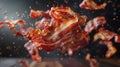 Top-down shot of levitating pieces of crispy bacon