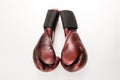 Top down side view of a pair of vintage leather boxing gloves