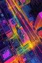 Top-down technical aerial visualization of cityscape with LiDAR-based 3D models of buildings roads and elevation data